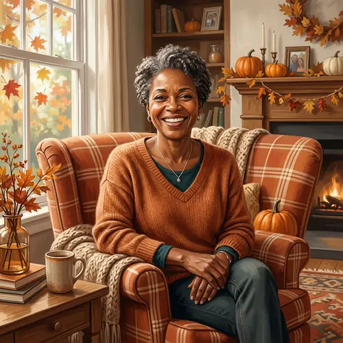 Confident American Woman in Cozy Autumn Home