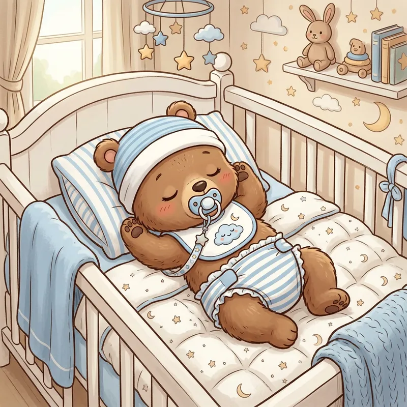 Cute Baby Bear in Diaper Sleeping with Bib and Cap Cute Baby Bear in Diaper Sleeping with Bib and Cap