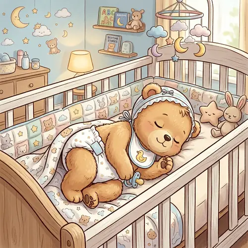 Cute Baby Bear in Diapers Sleeping in Crib