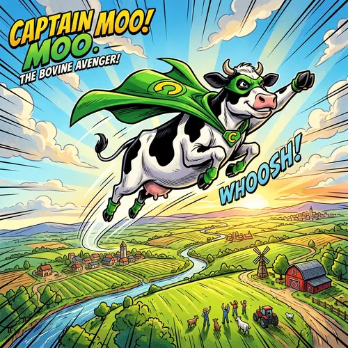Superhero Cow Soaring Over Sunlit Field | Dynamic Comic Book Art