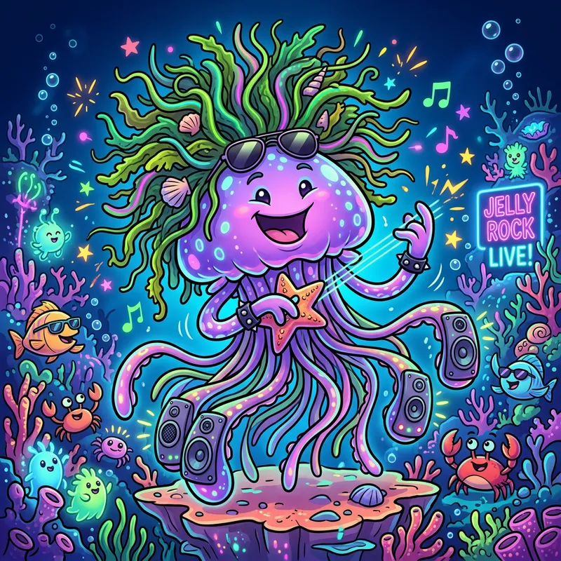 Rockstar Jellyfish Cartoon with Algae Hair