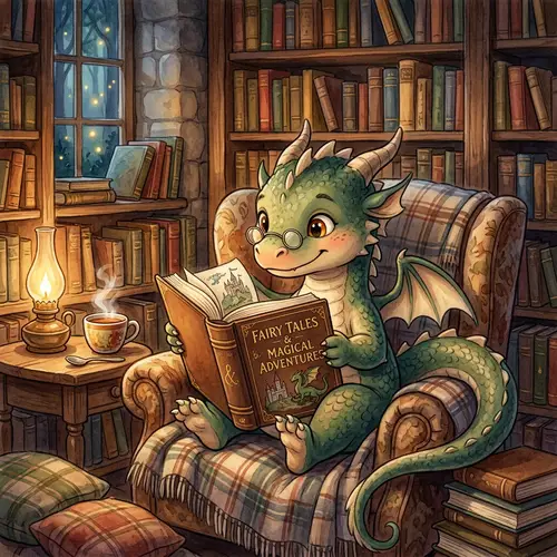 Cute Dragon Reading a Book - Adorable Fantasy Art