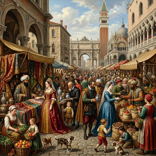 Classic Renaissance Scene: Bustling Marketplace & Ornate Architecture