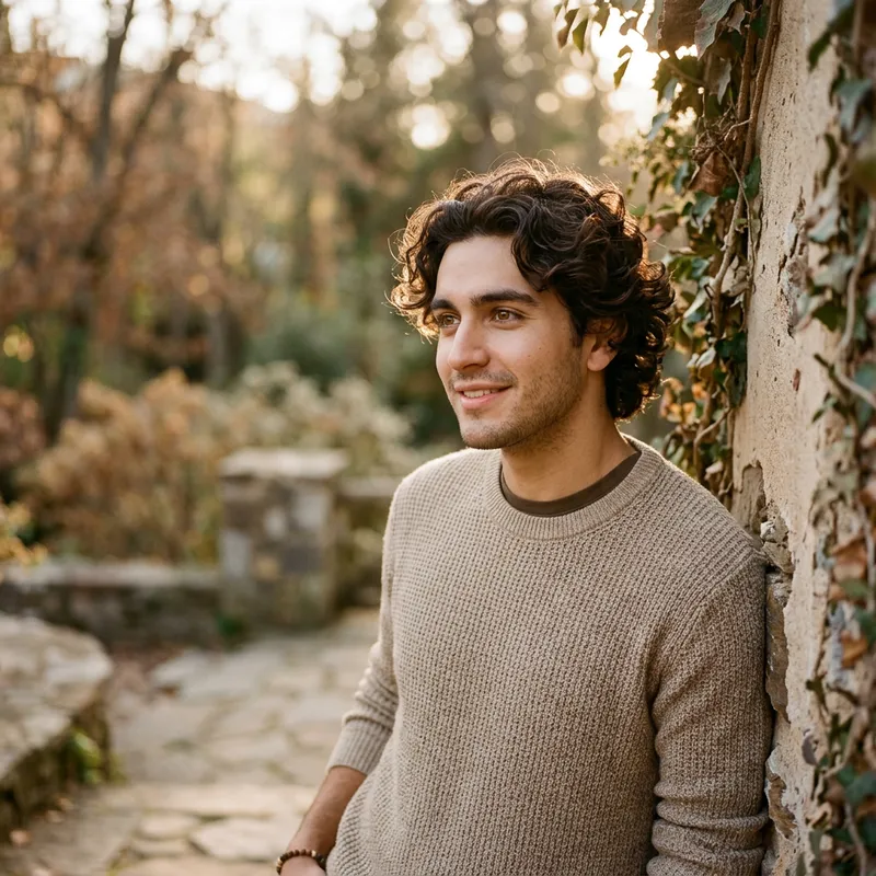 Young Man with Curly Dark Brown Hair and Brown Eyes Young Man with Curly Dark Brown Hair and Brown Eyes