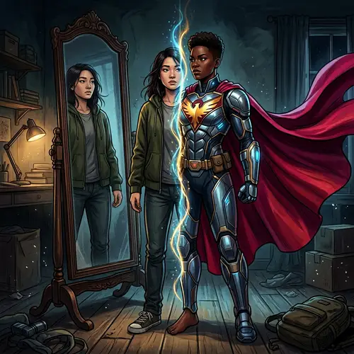 Dual Identity Superhero Illustration in Dimly Lit Room