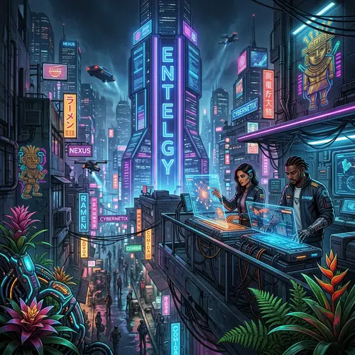 Cyberpunk Future Cityscape Wallpaper for Cybersecurity Consultants at Entelgy