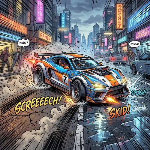 Vibrant Futuristic Car Stop | Dynamic Cartoon Image