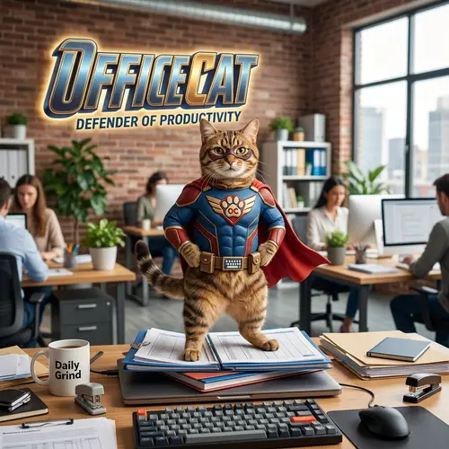 Heroic Office Cat in Superhero Outfit