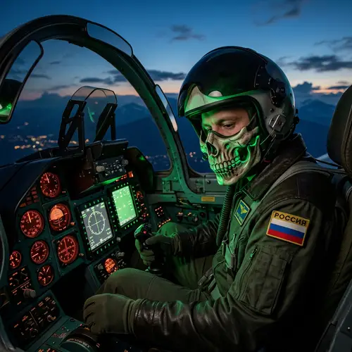 Russian Male Pilot in Traditional Uniform with Skull Mask
