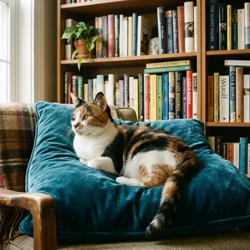 Calico Domestic Short-Haired Cat Relaxing on Velvet Cushion