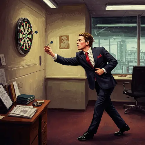 Surreal Office Scene: Model Throwing Darts Art