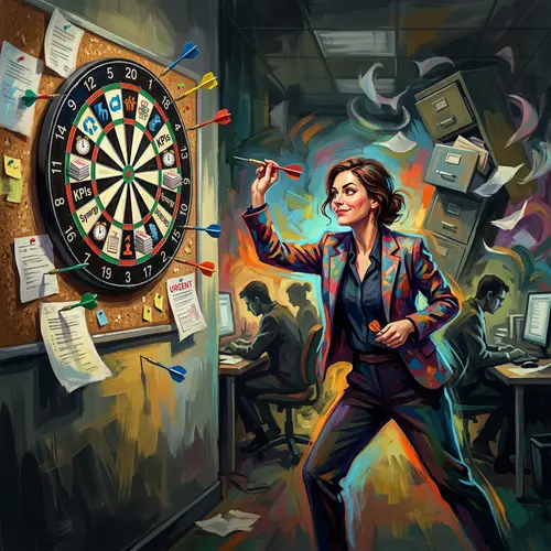 Surreal Office Scene: Model Throwing Darts Art