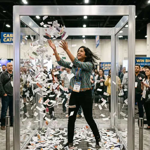 South Asian Woman Catching Swirling Coupons in Transparent Booth