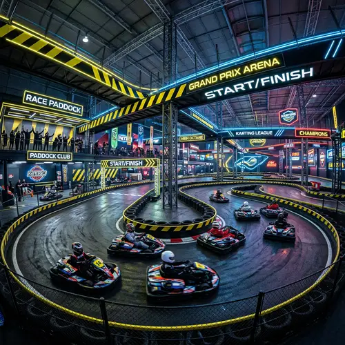 Indoor Go-Karting Track with Vibrant Neon Racing Circuits