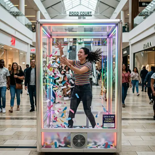 Colorful LED Strip Booth: Tickets Flying, Hispanic Woman Inside