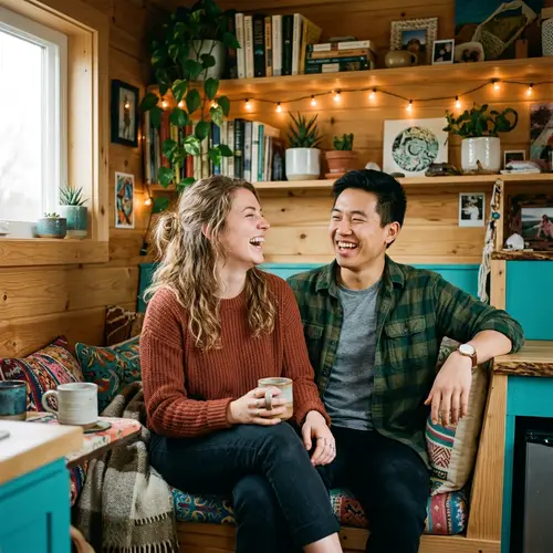 Charming Tiny House Living: Diverse Friends' Intimate Moment