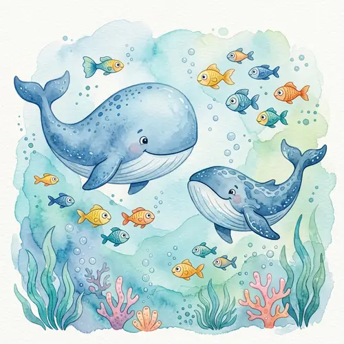 Watercolor Nursery Whales & Fish Clipart | Art for Kids Room