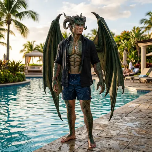 Majestic Dragon Demi-Human Poolside | 4K Resolution