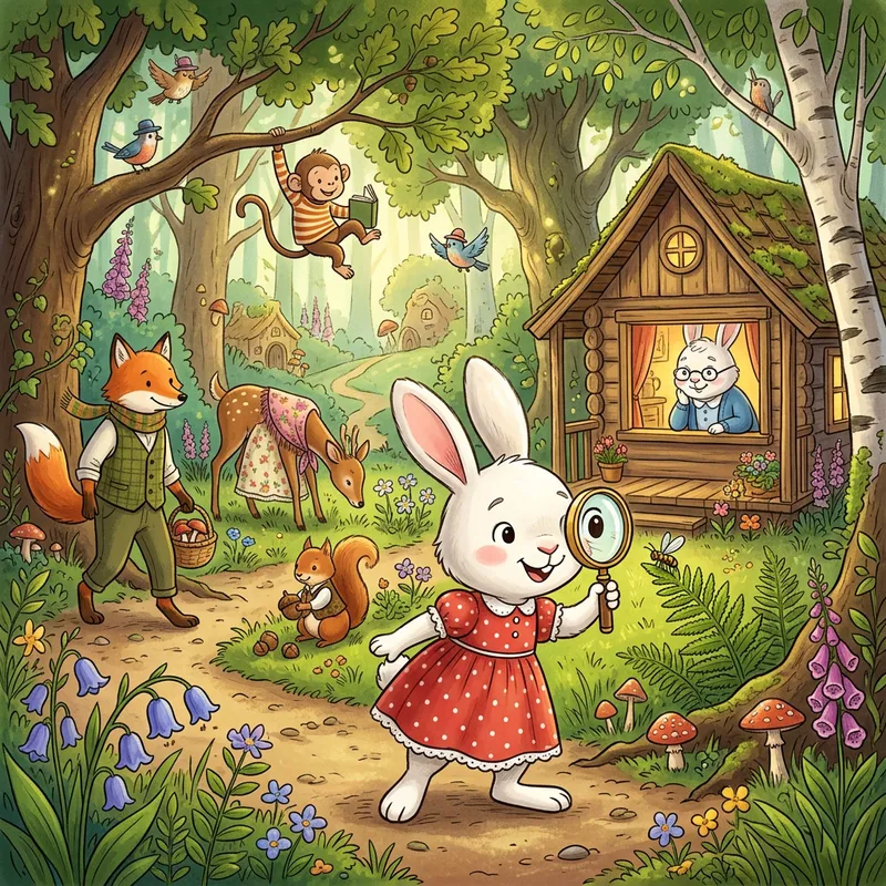 Cartoon White Rabbit in Red Dress Explores with Animal Friends Cartoon White Rabbit in Red Dress Explores with Animal Friends