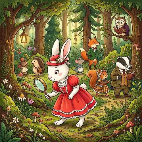 Cartoon-Style White Rabbit in Red Dress with Magnifying Glass