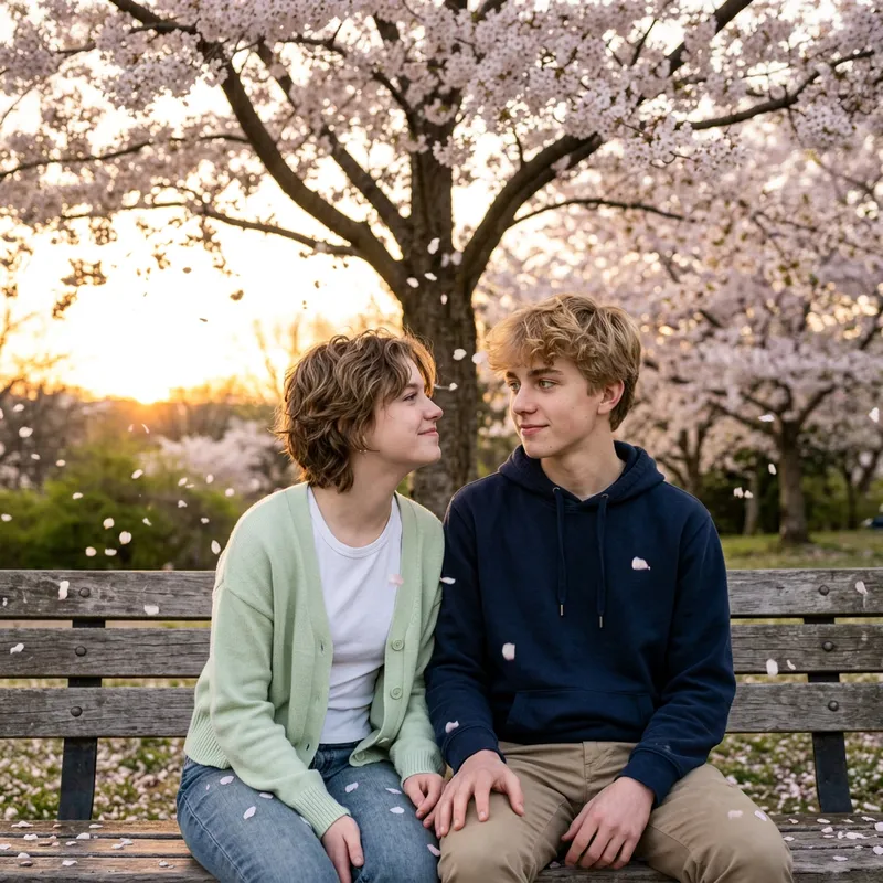 Enchanting Sunset Moment with Two Teens under Cherry Blossom Tree
