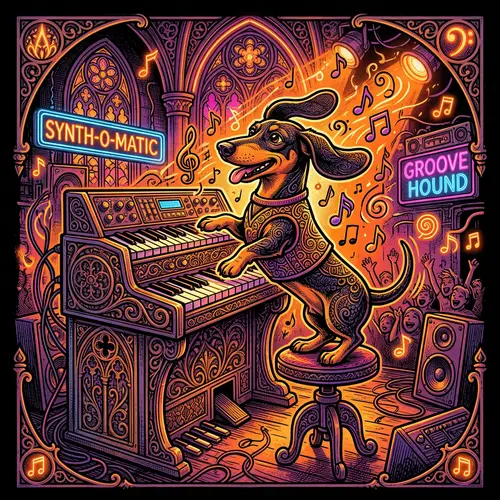 Whimsical Dachshund Keyboard Performance | Retro Gothic Art Style