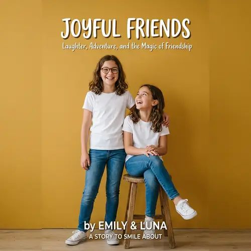 Joyful Girls in White Shirts and Blue Jeans Against Mustard Background