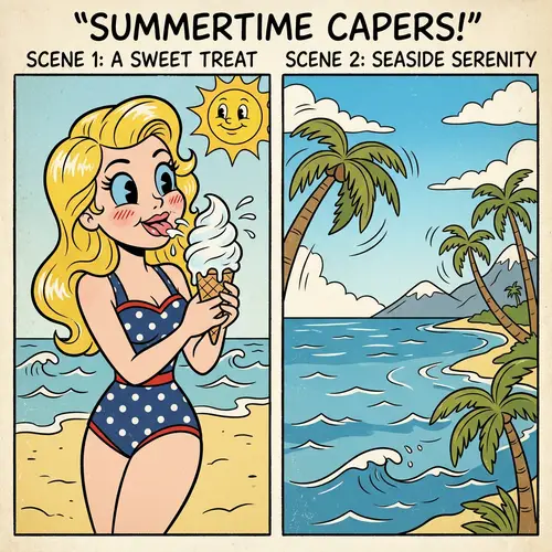 Vibrant Cartoon Scene with Sasha Enjoying Ice Cream | Seaside Panorama