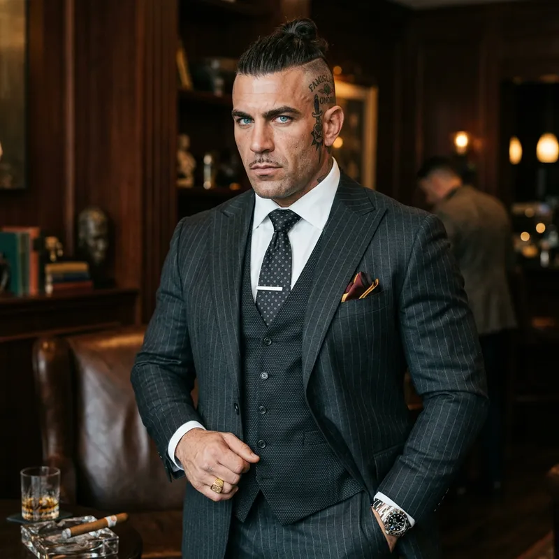 Mafia Boss Image: Piercing Blue Eyes, Top Knot Hairstyle, Tattooed Undercut