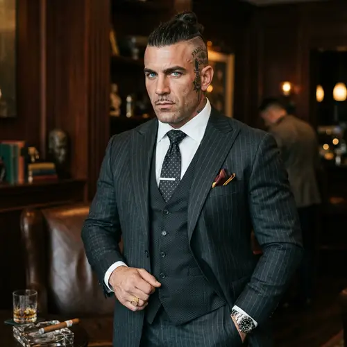 Mafia Boss Image: Piercing Blue Eyes, Top Knot Hairstyle