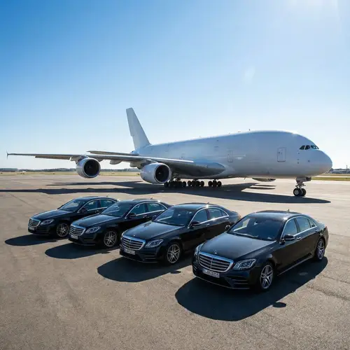 Sleek Black Mercedes Cars Parking in Front of Colossal Airplane