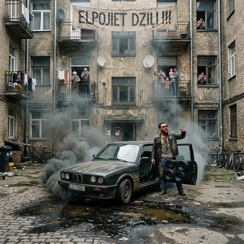 Gritty Urban Scene: Diesel Car Chokes Apartment Courtyard