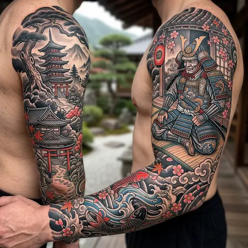 Japanese Resting Samurai & Temple Sleeve Tattoo Design