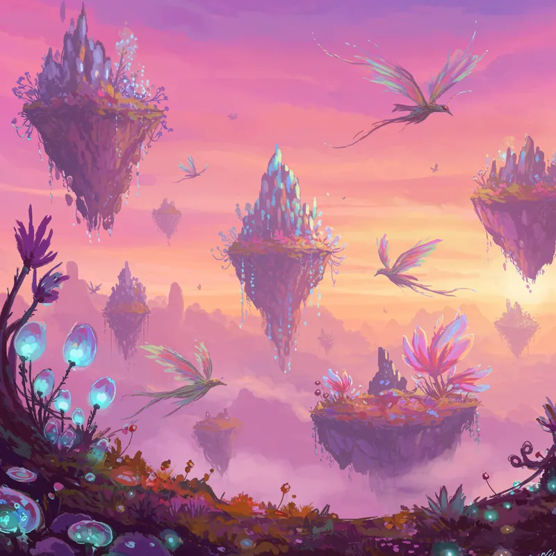 Vibrant Surreal Floating Islands Landscape Art
