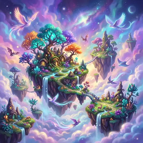 Vibrant Surreal Floating Islands Landscape Art