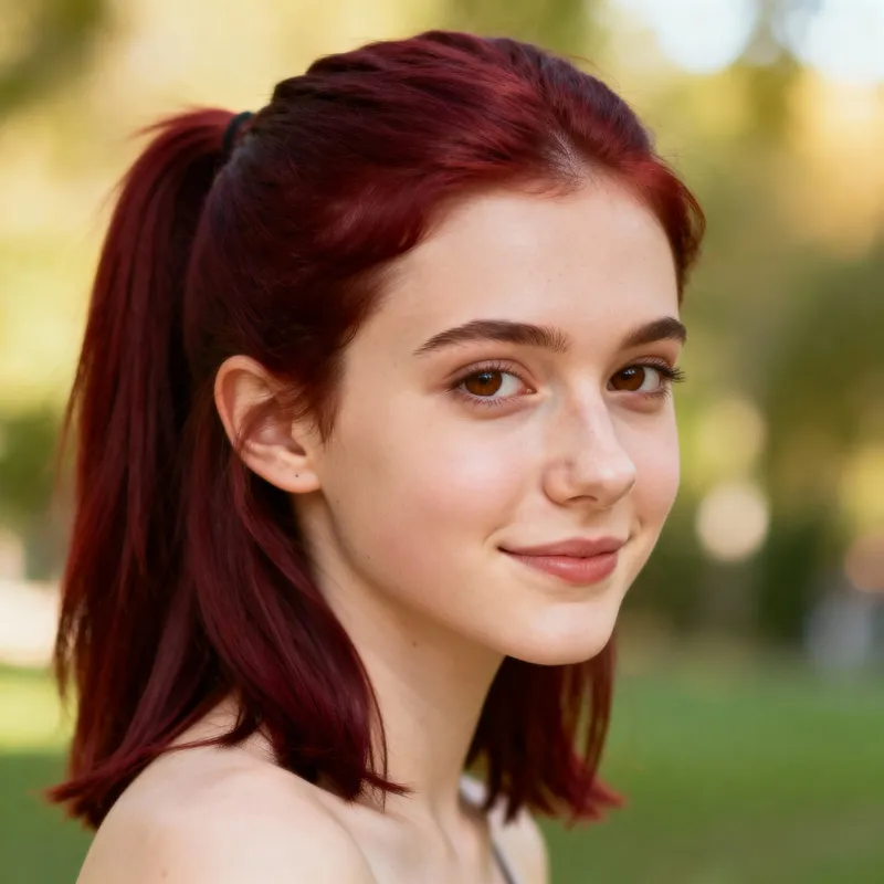 20-Year-Old Woman with Maroon Hair and Brown Eyes