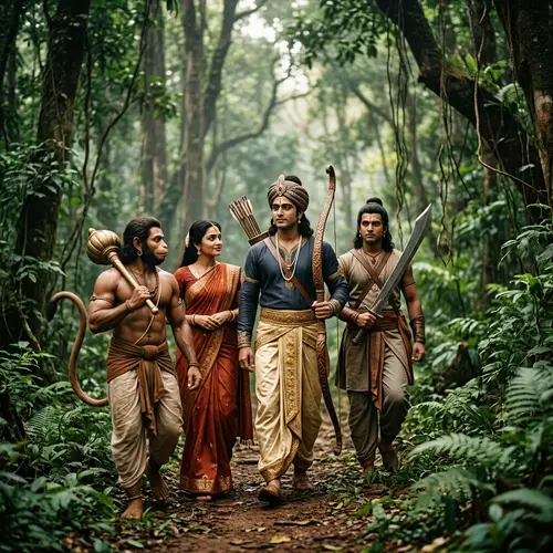 Epic Indian Scene: Noble Man with Family in Dense Forest