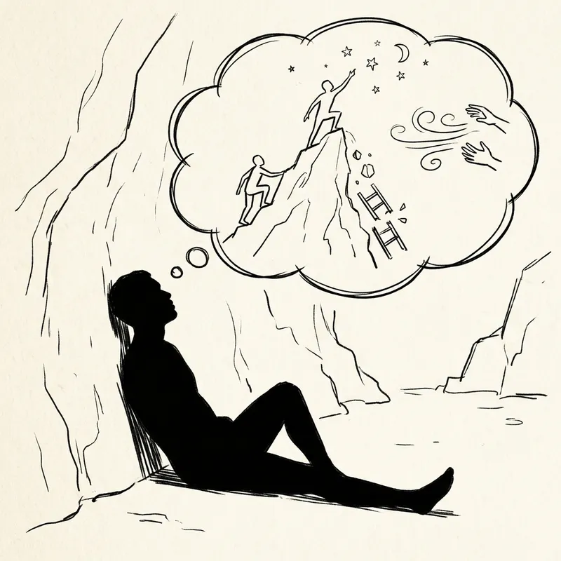 Dreams and Realities: A Modern Cave Allegory Illustration