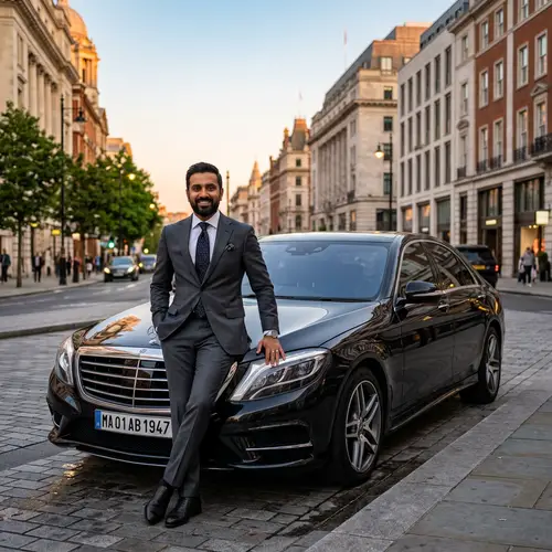 Luxury Car: South Asian Man in Business Suit Admires Black Car