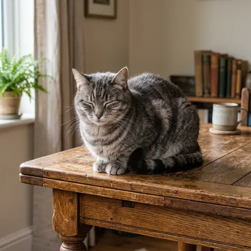 Fluffy Gray Cat on Vintage Oak Table