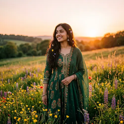 South Asian Girl in Traditional Dress | Joyful Spring Meadow Portrait