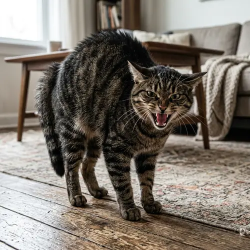 Feline Fury: Angry Cat Showing Teeth and Fur - Captured Moment