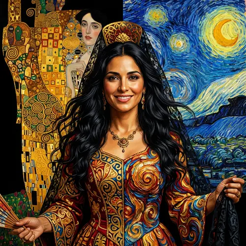 Stunning Spanish Woman in Klimt & Van Gogh Style