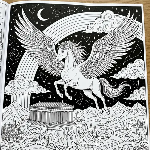 Majestic Pegasus Coloring Page in Starry Sky