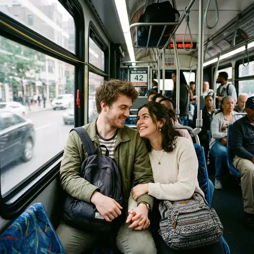 Young Lovers Traveling by Bus