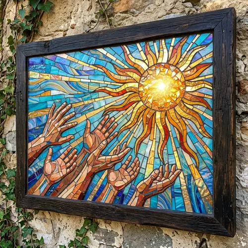 Brilliant Sun Mosaic with Reaching Hands - Sparkling Tile Art