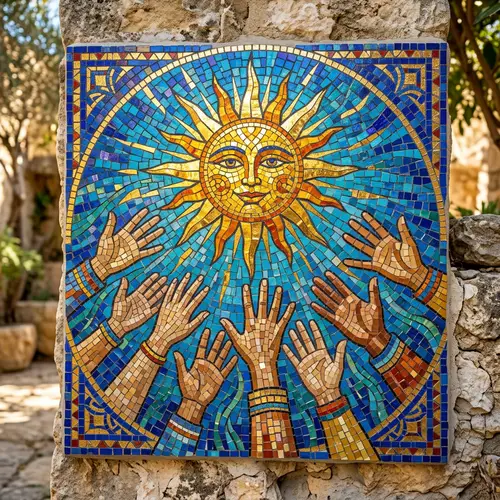 Bright Sun Mosaic Artwork with Hands Reaching for Brilliance