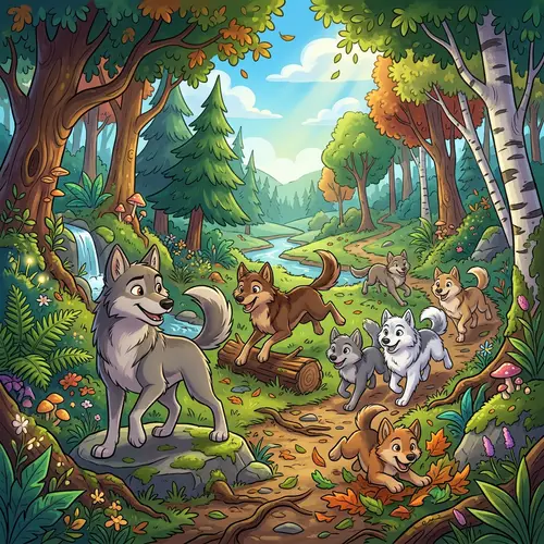 Cartoon-Style Wolves in Forest | Pack of Wolves
