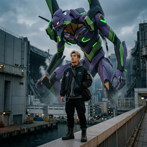 Asian Man with Blond Hair and Colossal Biomechanical Entity in Purple and Green
