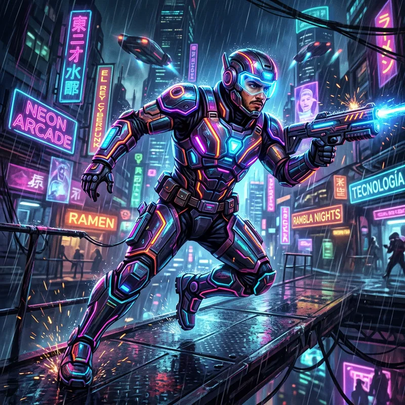 Hispanic Man in Dynamic Cyberpunk Armor | Neon Contrast Art